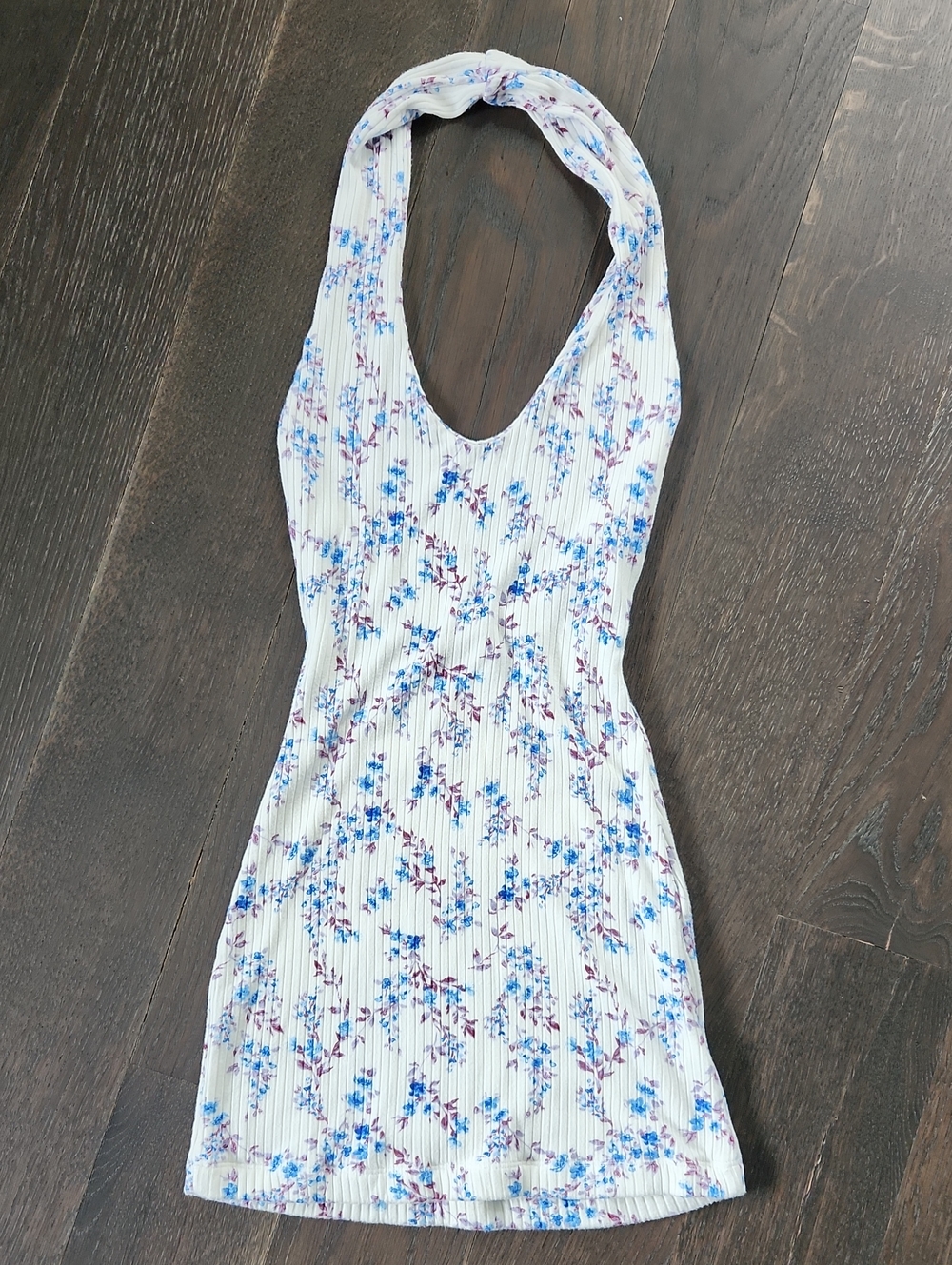Lovers + Friends Floral Ribbed Halter Mini Dress - White with Blue